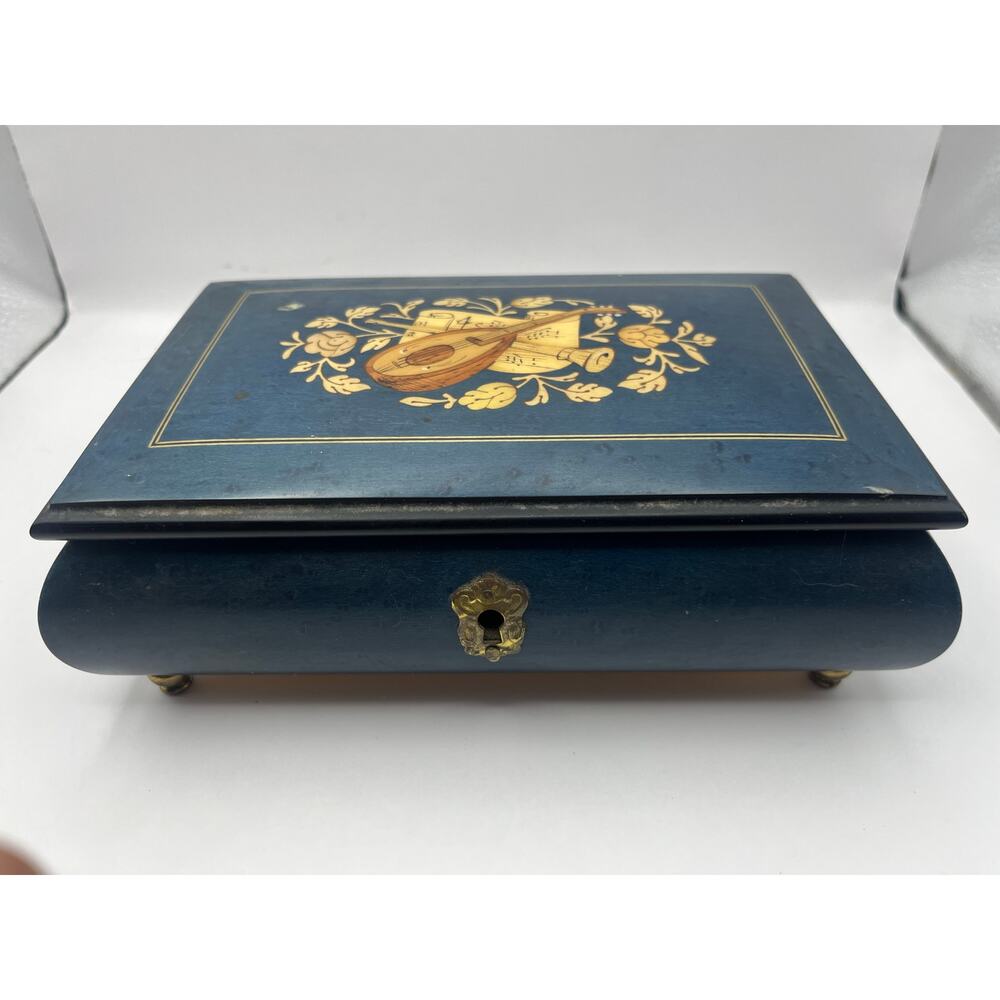 San Francisco Music Box Co Blue Gold Floral Jewelry Music Box USED